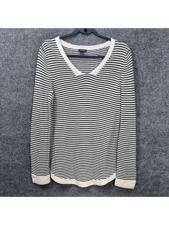 Talbots Sweaters - Talbots Sweater Top Women’s MP Petite Black Ivory Stripe Long Sleeve V-Neck Knit